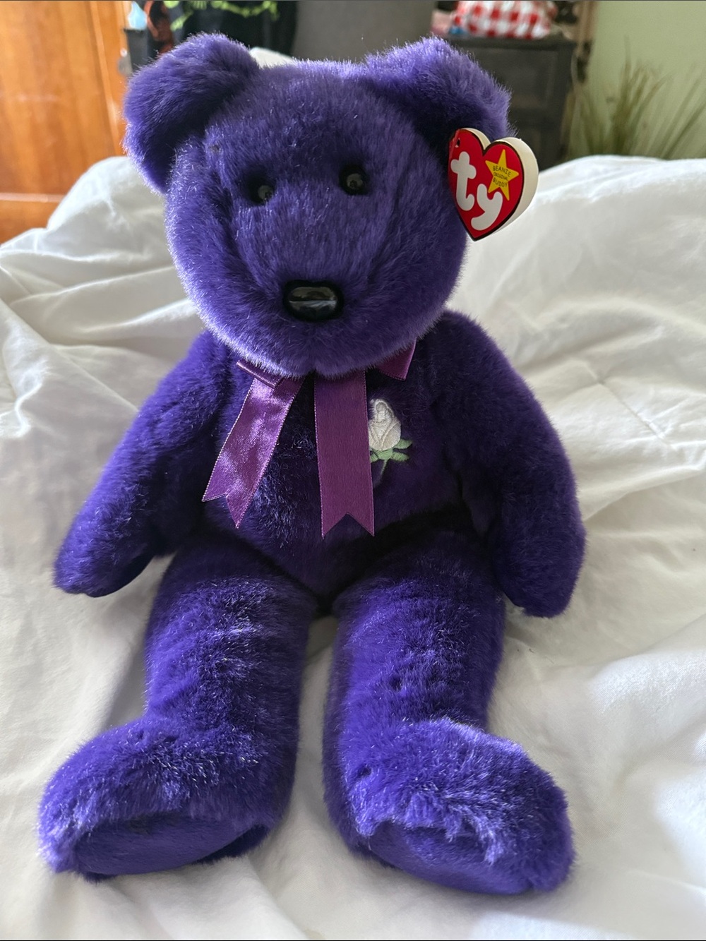 Retired princess Diana Ty Purple Plush Bear with Ribbon and Embroidered Rose